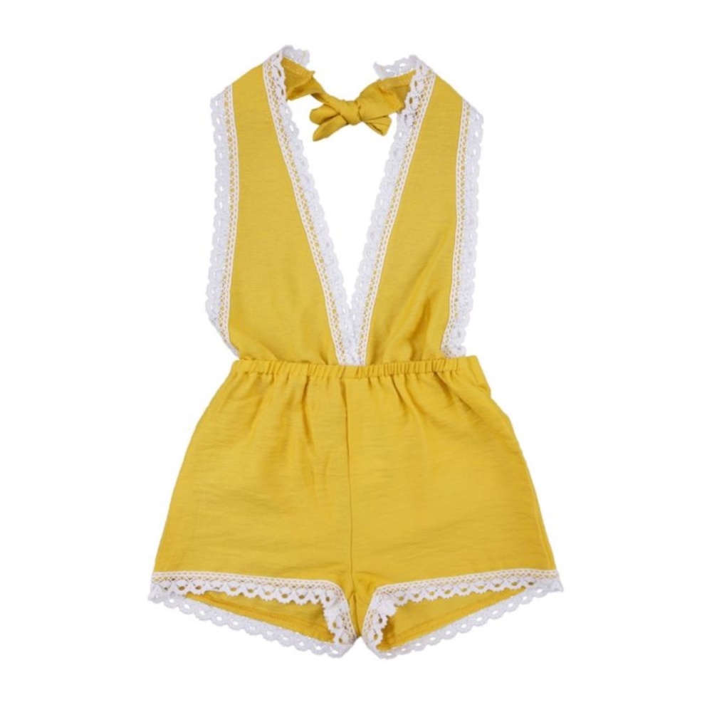 Yellow Halter Neck Romper with Lace Trim